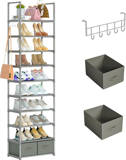 OYREL Shoe Rack, Sturdy Metal Shoes Rack Organizer,Narrow Shoe Rack,Shoe Racks for Closets,Shoes Rack,Shoe Stand,Shoe Shelf (10 Tier with 2 Boxes and 1 Hook)