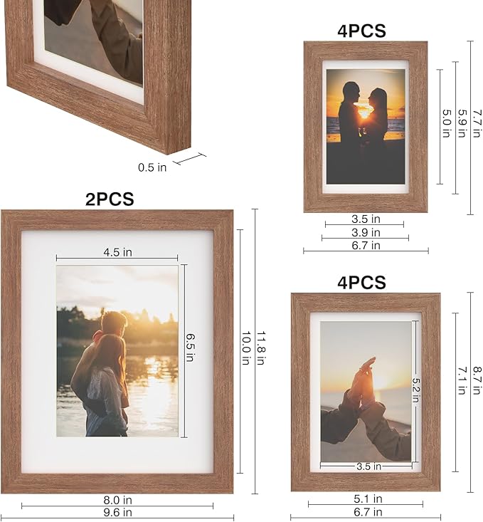 Picture Frames, Made of Real Glass and Wooden Frame, Gallery Photo Frames Set of 10 for Collage Wall Decor, Multi Sizes Including 8x10, 5x7, 4x6 for Mounting or Tabletop Display, Light Brown