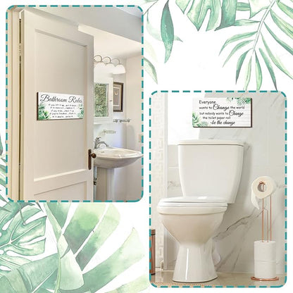 Jetec 2 Pieces Funny Bathroom Signs Bathroom Wall Decor Toilet Wall Accessories Farmhouse Toilet Rustic Wooden Signs, 12x6 Inch(Leaves Style)