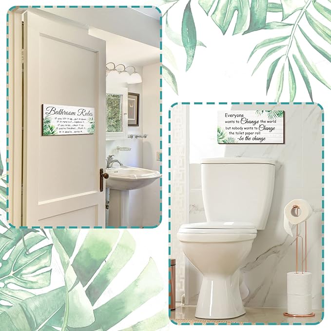 Jetec 2 Pieces Funny Bathroom Signs Bathroom Wall Decor Toilet Wall Accessories Farmhouse Toilet Rustic Wooden Signs, 12x6 Inch(Leaves Style)