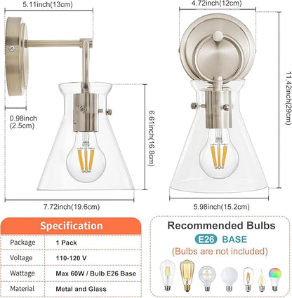 Wall Sconce for Bathroom Modern Vanity Light Fixtures Hardwired Wall Mount Lighting Lamp Farmhouse Wall Lights with 6" Clear Glass Shade for Bedroom Living Room, Brushed Nickel, 1 Pack