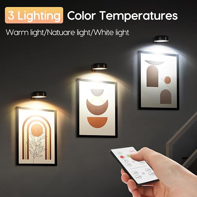 Wireless Picture Light Rechargeable for Painting Art Dispaly with Remote Control, Wall Light Painting Lighting with 3 Lighting Colors Brightness Dimmable Timer Off for Portrait Frame