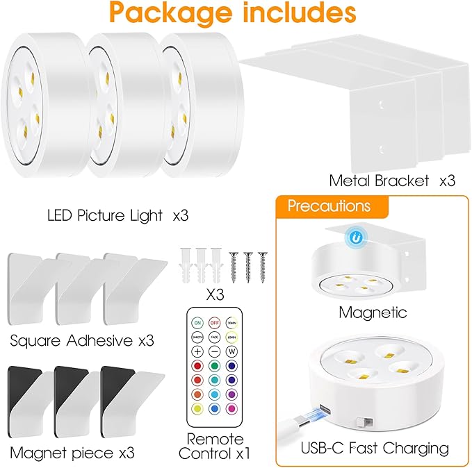 13 RGB Color Changing Led Art Display Light for Picture Frame,Rechargeable Battery Operated Led Painting Light with Remote Control Dimmable & Timer,3Pack White