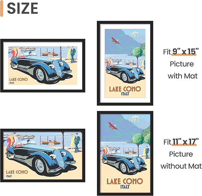 upsimples 11x17 Picture Frame Set of 5, Display Pictures 9x15 with Mat or 11 x 17 Without, Wall Gallery Poster Frames, Black