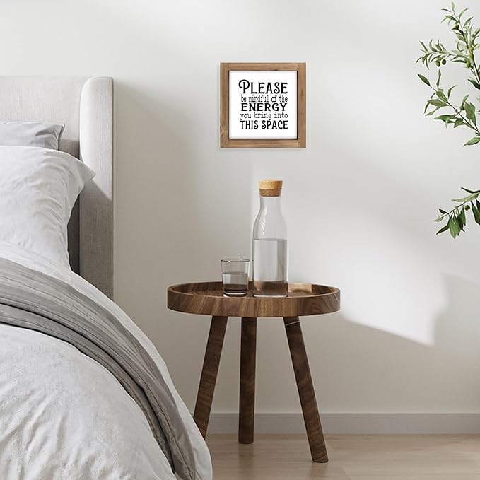 Please Be Mindful of The Energy You Bring Sign, 6" Wooden Positive Affirmations Desk Decor, Motivational Office Wall Art Inspirational Quote for Table Shelf Rustic Farmhouse Home Decorations