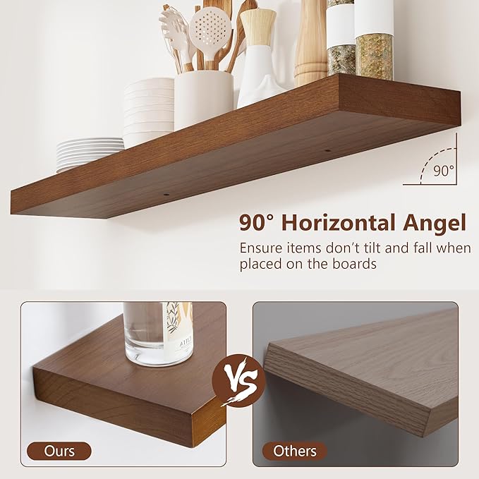 fuqing Rustic Floating Shelves for Wall, 36 Inch Floating Shelves Set of 2, Solid Dark Wood Wall Shelves for Living Room Bedroom Bathroom
