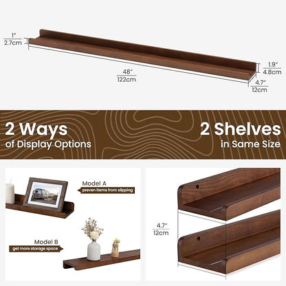 48 Inch Floating Shelves for Wall - Wood Picture Ledge Shelf Set of 2 - Dark Wood Wall Shelves with Lip - Walnut Picture Shelf Photo Ledge