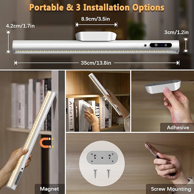 Hapfish Battery Powered Operated Wall Strip Lights, Rechargeable Magnetic LED Light Bar with Remote Control, Dimmable Desk Lamp, Under Cabinet Lighting Wireless for Picture Shelf Closet – Silver