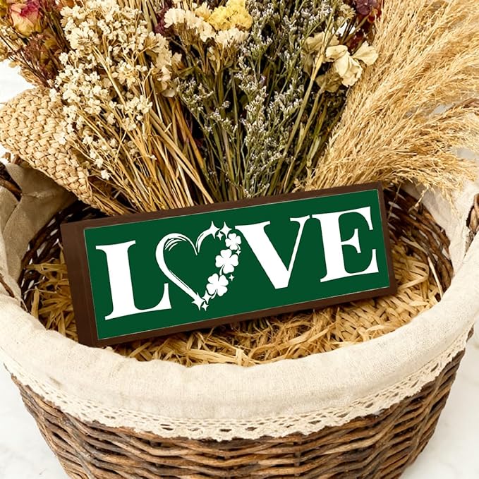 Clover Love Sign, Stylish Wooden Plaque Signs, Beautiful Home Decor, Shamrocks Wooden Box Sign, Shelf Table Mantel Decoration, Farmhouse Decor for St. Patrick's Day, 9.5x3.1x1 inches