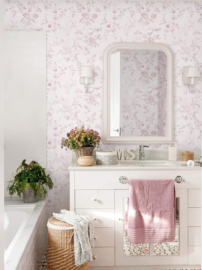 Ismoon Floral Wallpaper Peel and Stick Pink Stick on Wall Paper Vintage French Contact Paper for Cabinet Textured Removable Self Adhesive Wallpaper Vinyl Roll Shelf Deco, 17.3x393in