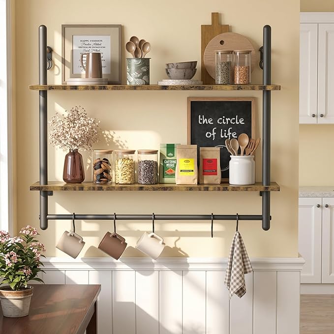 Merapi Industrial Pipe Floating Shelf with Towel Bar & Hooks - 31.5