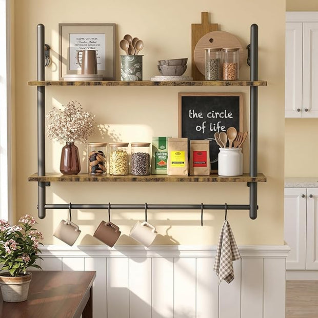 Merapi Industrial Pipe Floating Shelf with Towel Bar & Hooks - 31.5" Wall Mounted Kitchen, Bathroom, Coffee Bar Shelf - Modern Farmhouse Wood & Metal Shelves with 8 S-Hooks