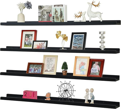 Long Floating Shelves for Wall 47 Inch,Real Wood Picture Ledge Shelf with Lip Set of 4,Photo Frame Storage Display for Living Room Nursery Bedroom Bathroom Kitchen Home Office Decor (Black)
