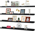 Long Floating Shelves for Wall 47 Inch,Real Wood Picture Ledge Shelf with Lip Set of 4,Photo Frame Storage Display for Living Room Nursery Bedroom Bathroom Kitchen Home Office Decor (Black)
