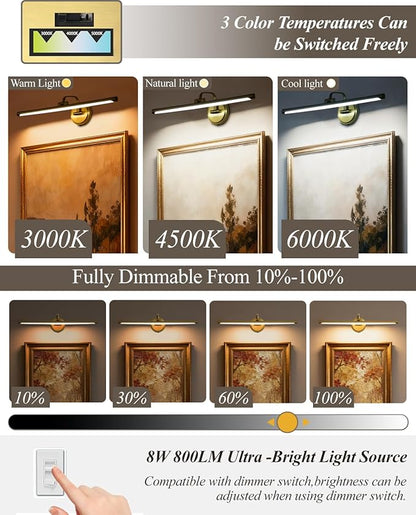 Hardwired Picture Light for Wall, 24 Inch Modern Brass Dimmable Frame Light with Adjustable Swing Arm, 3CCT LED Art Display Light for Paintings,120 Volts Gallery Wall Light, Hallway Vanity Light, 8W