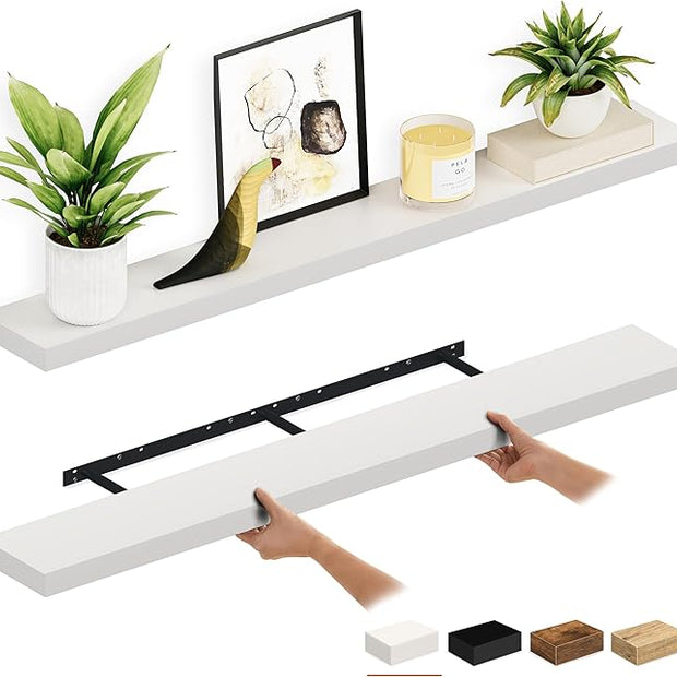 Ballucci Floating Shelves, 55" Wood Wall Shelf Set of 2, with Invisible Brackets for Bathroom, Living Room, Bedroom, Kitchen, Nursery, 6" Deep, White