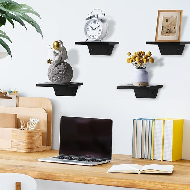 PHOENANCEE Small Floating Shelves,Speaker Shelf,Trapezoid Wall Shelf for Table Lamp Plants Display,Decorative Wood Ledges Chic for Living Room,Bedroom,Kitchen,Office,Pine,8x6 Inch,4 Pack(Black)