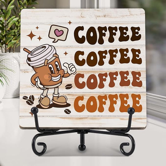 Coffee Bar Decor, Farmhouse Kitchen Table Decor, Coffee Station Accessories, Wooden Decorative Sign with Iron Stand for Table Desk Shelf Display-E29