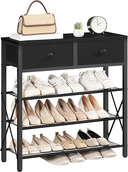 4 Tier Shoe Rack, Large Capacity Shoe Storage Organizer, Metal Shoe Shelf with Drawer and Wooden Top, for 16 Pairs of Shoes, for Entryway, Closet, Black SS24BB