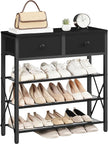 4 Tier Shoe Rack, Large Capacity Shoe Storage Organizer, Metal Shoe Shelf with Drawer and Wooden Top, for 16 Pairs of Shoes, for Entryway, Closet, Black SS24BB
