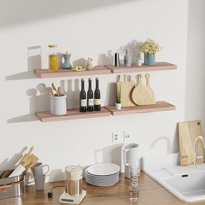 Bellsal Floating Shelves for Wall, Mahogany Wood Wall Shelf Set of 4, 16" Mounted Floating Shelf for Kitchen, Living Room, Bedroom, Bathroom Storage, Book Shelf for Home Decor, Frame Display