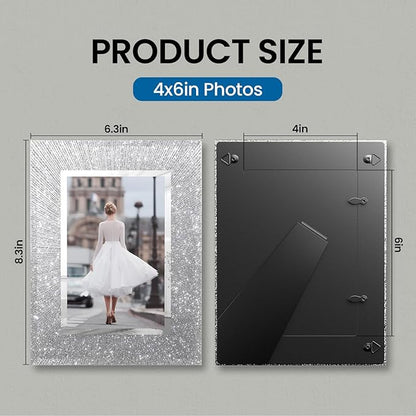 4x6 Picture Frame Set of 2 - Crystal Glass Picture Frame, 4 by 6 Glitter Silver Wedding Photo Frames for Tabletop and Wall Display Vertically of Horizontally