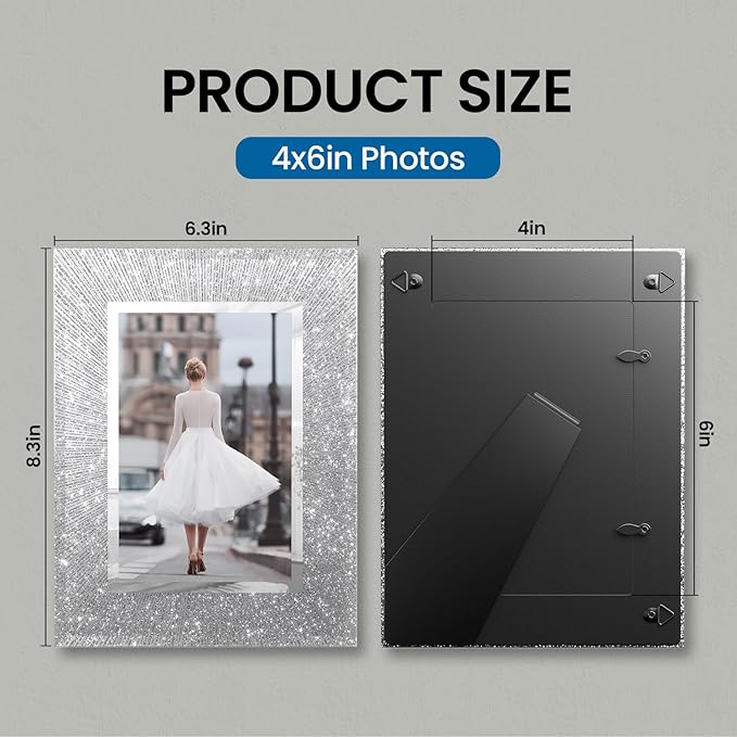 4x6 Picture Frame Set of 2 - Crystal Glass Picture Frame, 4 by 6 Glitter Silver Wedding Photo Frames for Tabletop and Wall Display Vertically of Horizontally
