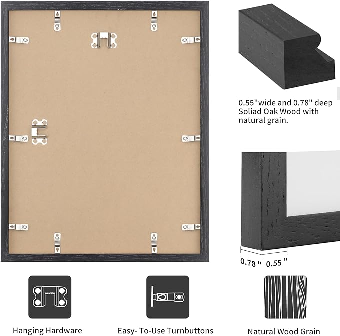puthiac 16x20 Solid Oak Wood Picture Frame, Fits 12x16 with Mat or 16x20 Without Mat, Wall Display Only, Vertical or Horizontal, Plexi Front, 1 Pack, Black
