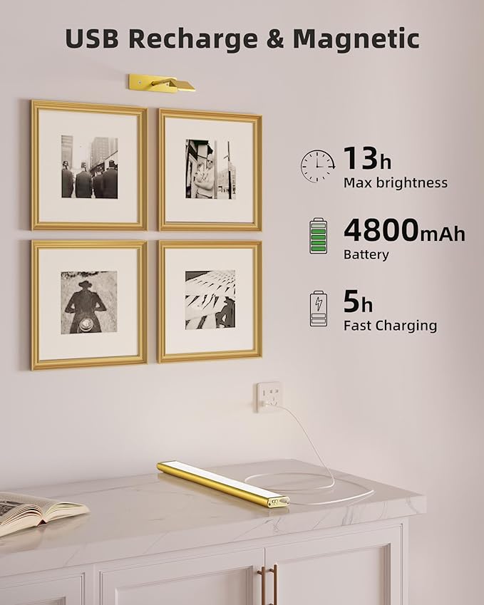 EZVALO Picture Light for Wall, 4800mAh 13'' Rechargeable Wireless Lights with IR Remote, Dimmable Magnetic LED Art Display Light with 3 Color Temp, for Gallery, Living Room, Bedroom(Gold-2Pack)