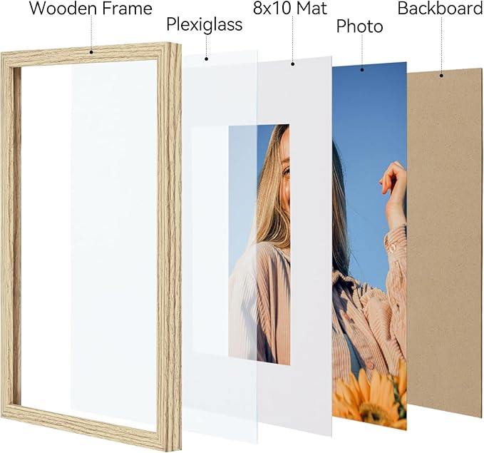 Vittanly 11x14 Picture Frame Set of 4, Display Pictures 8x10 with Mat or 11x14 without Mat, Gallery Wall Frame Set for Wall or Tabletop, Engineered Wood with Shatter Resistant Plexiglass, Natural