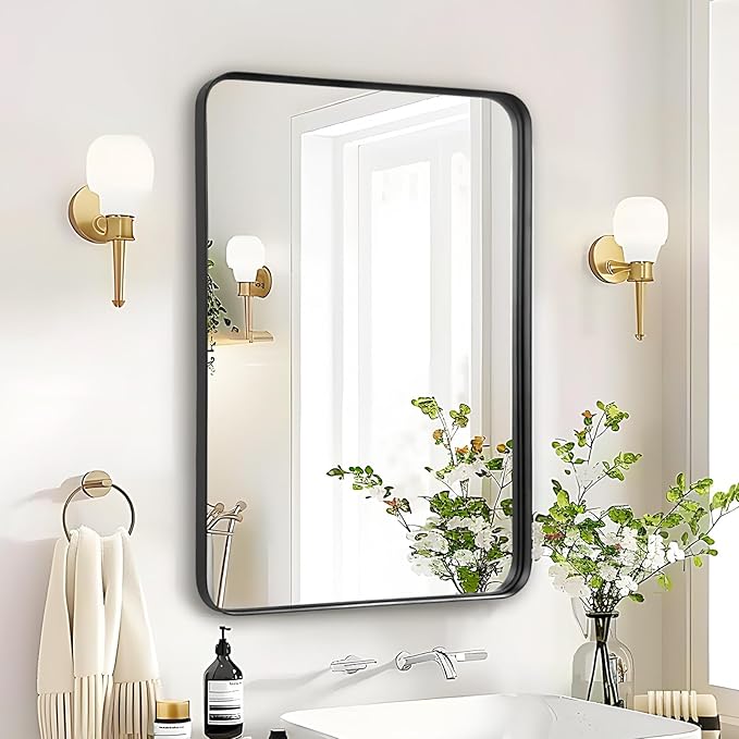 Bathroom Mirror Over Sink - 24x36 Inch Black Rectangle Framed Matte Mirror for Bathroom, Rectangular Alumium Frame Mirrors Wall Mounted for Restroom, Farmhouse, Entryway, Hallway