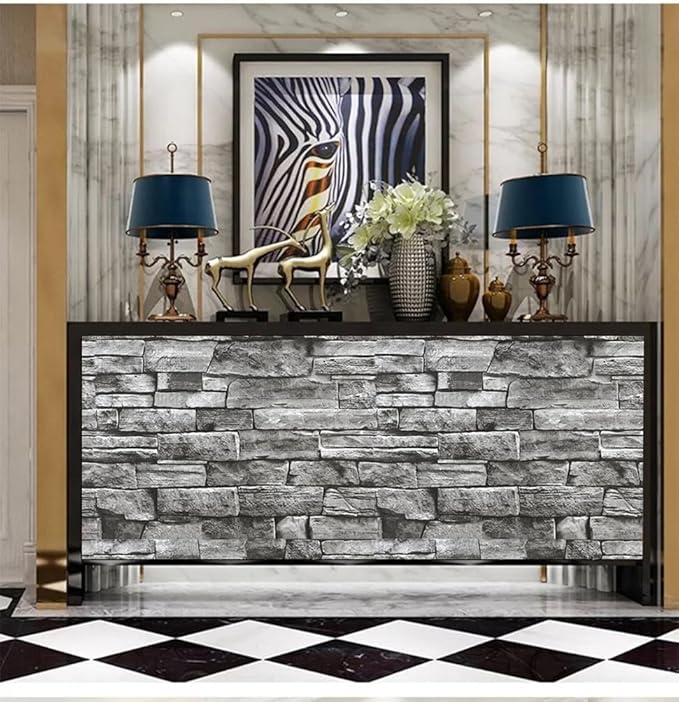 Yancorp 32.8ft Peel and Stick White Grey Wallpaper Stone Brick Wallpaper Self-Adhesive Backsplash Decorative Wallpaper Wall Covering…