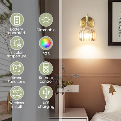 Battery Operated Wall Sconce Vintage,Battery Wall Sconces Set of Two with RGB Dimmable Remote Control,Rechargeable Wireless Wall Lights with Remote for Bedroom Living Room (Amber)