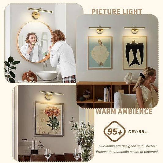 Picture Light Dimmable Hard Wired 15.75 Inch Adjustable Swing Arm Brass Wall Lights for Pictures Led Display Light for Artwork 7W Warm White