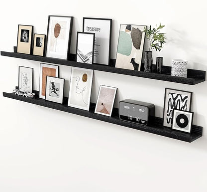 Axeman Oak Picture Ledge Shelf, 55 Inch Floating Shelves Set of 2, Solid Oak Wood Wall Shelves with Lip, Wall Decor Storage for Bedroom Living Room Bathroom Kitchen Nursery Photo Picture, Black