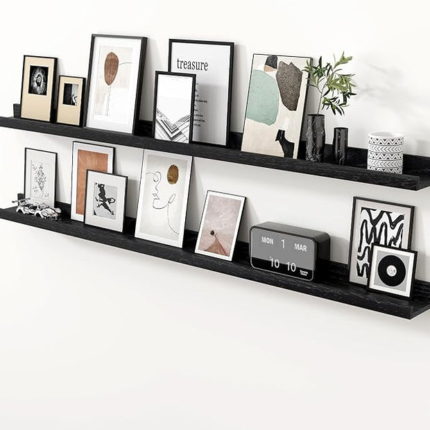 Axeman Oak Picture Ledge Shelf, 55 Inch Floating Shelves Set of 2, Solid Oak Wood Wall Shelves with Lip, Wall Decor Storage for Bedroom Living Room Bathroom Kitchen Nursery Photo Picture, Black