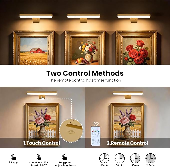 Battery Operated Picture Lights for Wall, Gold Wireless Art Light for Paintings, Rechargeable Display Light for Picture with Remote, 3 Color Poster Lights for Portraits Frame Wall Decor (2 Pack)