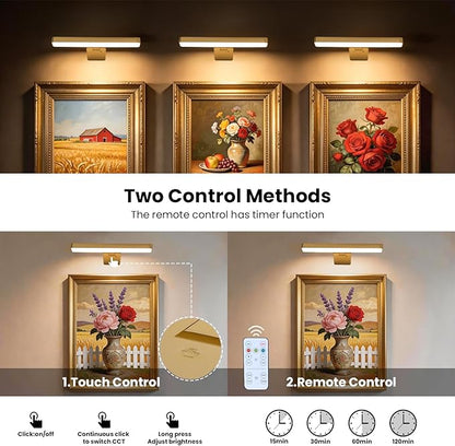 Battery Operated Picture Lights for Wall, Gold Wireless Art Light for Paintings, Rechargeable Display Light for Picture with Remote, 3 Color Poster Lights for Portraits Frame Wall Decor (2 Pack)