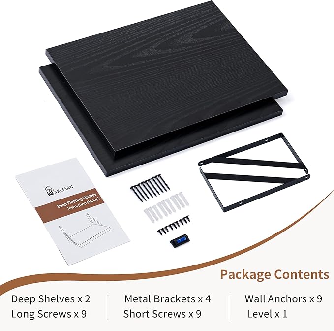 Axeman Deep Floating Shelves for Wall, 16W x 12D Black Floating Shelves Set of 2, 12 Inch Deep Large Wall Mounted Shelves for Living Room Bedroom Bathroom