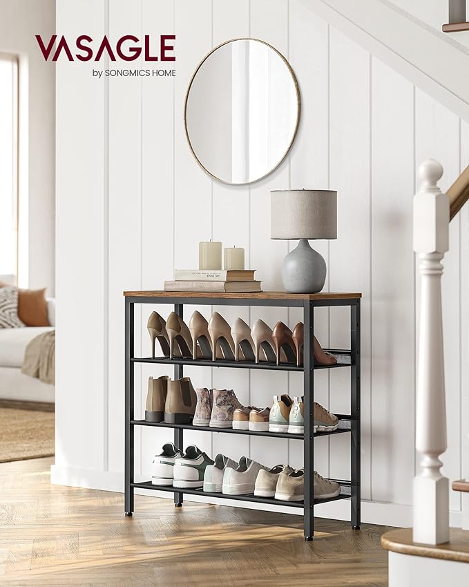 VASAGLE Shoe Rack for Entryway, 4-Tier Shoe Rack Organizer with Storage Shelves and Spacious Top, Freestanding, Adjustable, Industrial, Rustic Brown and Ink Black ULBS040B01