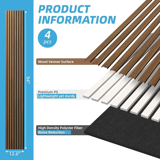 Art3d 4-Piece 94 x 12.6 Inch Acoustic Lightweight Slat Wall Panel - Waterproof Wood Textured Wainscoting Panel of 33 Sq.Ft for Bedroom, Home Theater Office Accent Wall, Walnut
