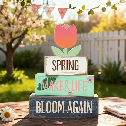 Spring Decoration For Home Wooden Tulip Tiered Tray Decor Spring Block Sign with Floral Farmhouse Tabletop Spring Decor Centerpiece for Tables Seasonal Home Easter Decor