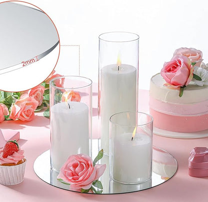 Sawysine 16 Pcs 3.4'' X 4.7", 7", 9.8" Round Glass Mirror Trays Glass Cylinder Vase Wedding Table Flower Vase with Mirror Set Table Centerpiece Decoration for Wedding Decor Craft Baby Shower