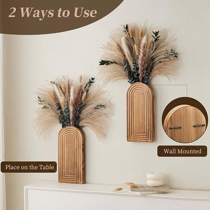 2 Pack Wooden Wall Vase Set with Pampas Grass Eucalyptus, Modern Farmhouse Boho Wall Decor for Living Room, Entryway, Hallway, Bathroom, Dining Room, Brown Wall Art for Home Decoration