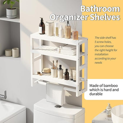 Bathroom Shelves with Hanging Bar Over Toilet Storage - Adjustable Wall Organizer (White)