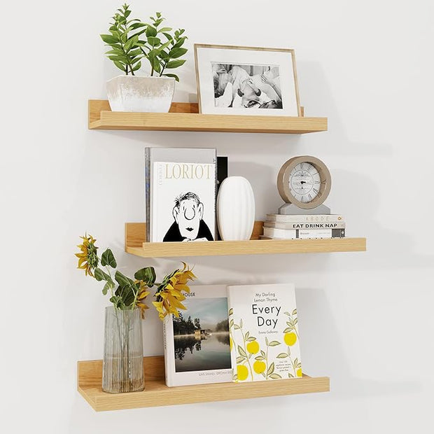Axeman Picture Ledge Shelf | 16 Inch Oak Floating Shelves Set of 3 | Rustic Wood Wall Shelves with Lip | 16" Oak Picture Shelf for Wall with Ledge | Photo Shelves