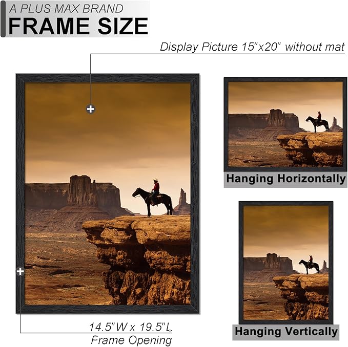 A PLUS MAX 15x20 Picture Frame Set of 3, Black Engineered Wood Frame for 15 x 20 Inch Picture Poster Photo, Light Weight 15 by 20 Frame with Wood-grain for Wall - 3 Pack/Black/15 x20