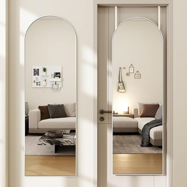 Arched Full Length Door Mirror 14x48, Metal Frame with Protective Film, No-Drilling Hanging or Wall Mount, Hooks & Hardware Included, Full Body Mirror for Bedroom, Dorm, White