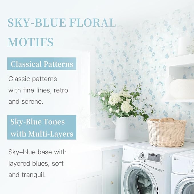 Dimoon 393"x17.3" Blue Wallpaper Floral Contact Paper Peel and Stick Wallpaper White Vintage French Country Renter Friendly Bathroom Boho Flower Removable Wall Paper Kitchen Self Adhesive Vinyl Roll