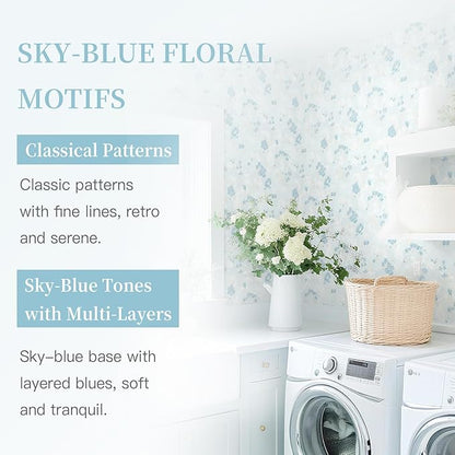 Dimoon 393"x17.3" Blue Wallpaper Floral Contact Paper Peel and Stick Wallpaper White Vintage French Country Renter Friendly Bathroom Boho Flower Removable Wall Paper Kitchen Self Adhesive Vinyl Roll